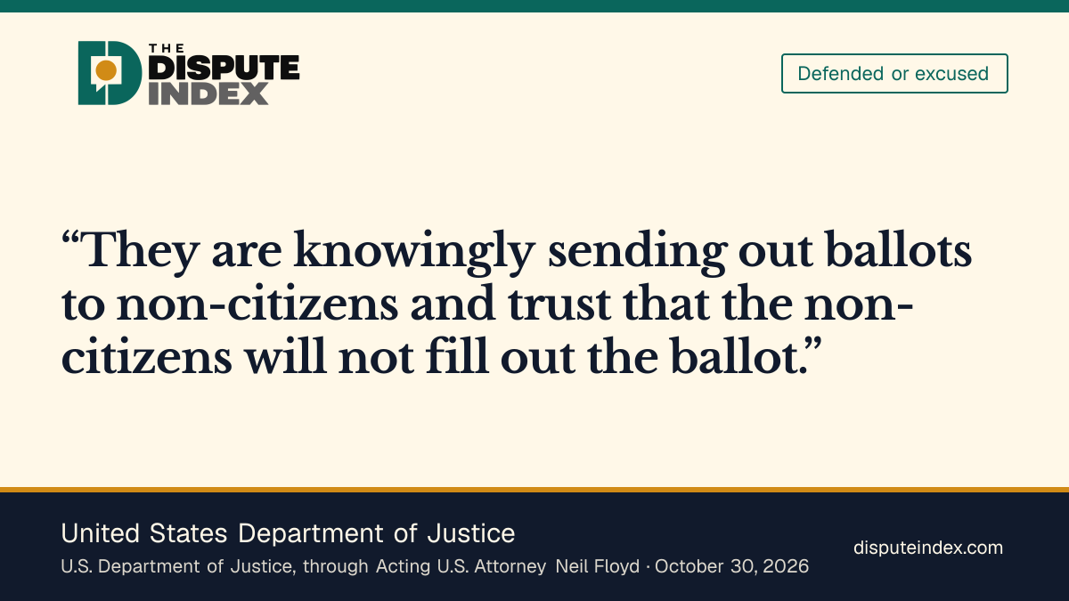 Quote card: United States Department of Justice, Floyd says Washington knowingly sends ballots to noncitizens
