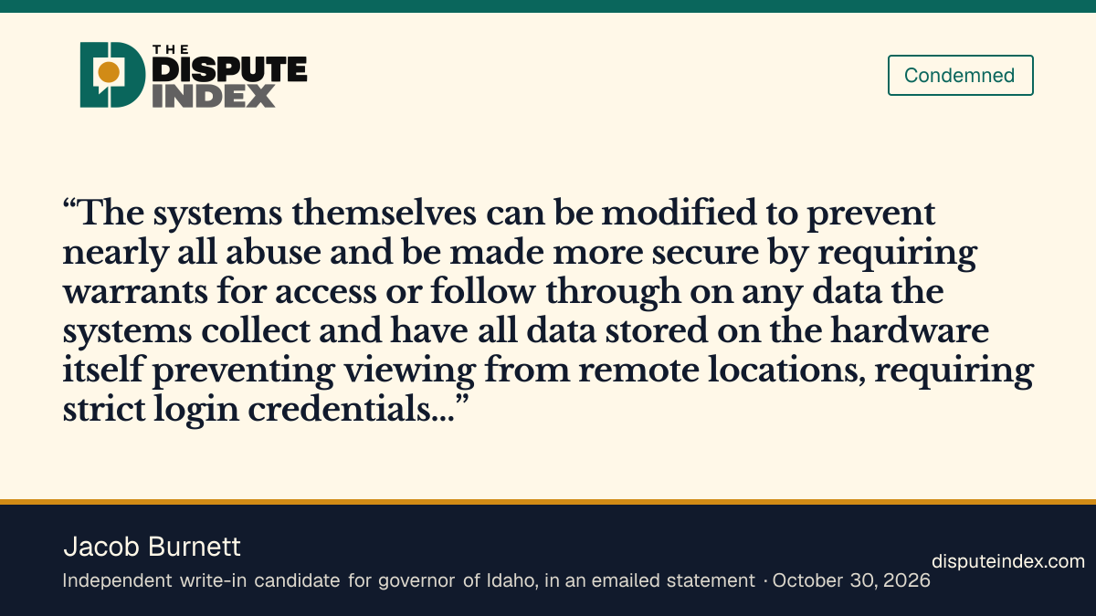 Quote card: Jacob Burnett, Jacob Burnett says Flock-style cameras should be done away with, with warrants required if they stay