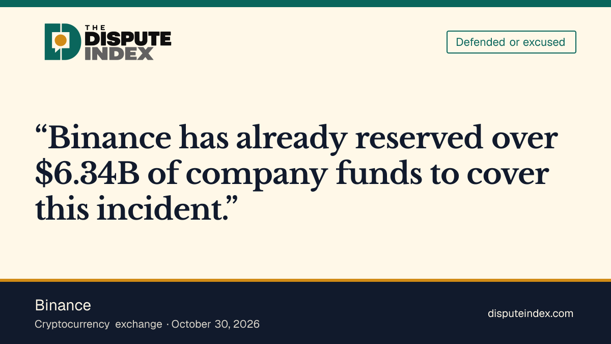 Quote card: Binance, Binance says it has reserved company funds to cover the hack