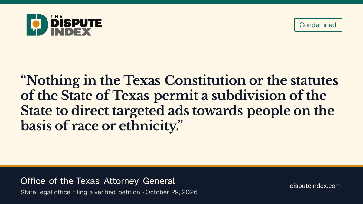 Quote card: Office of the Texas Attorney General, Texas attorney general's office challenges Harris County ad targeting