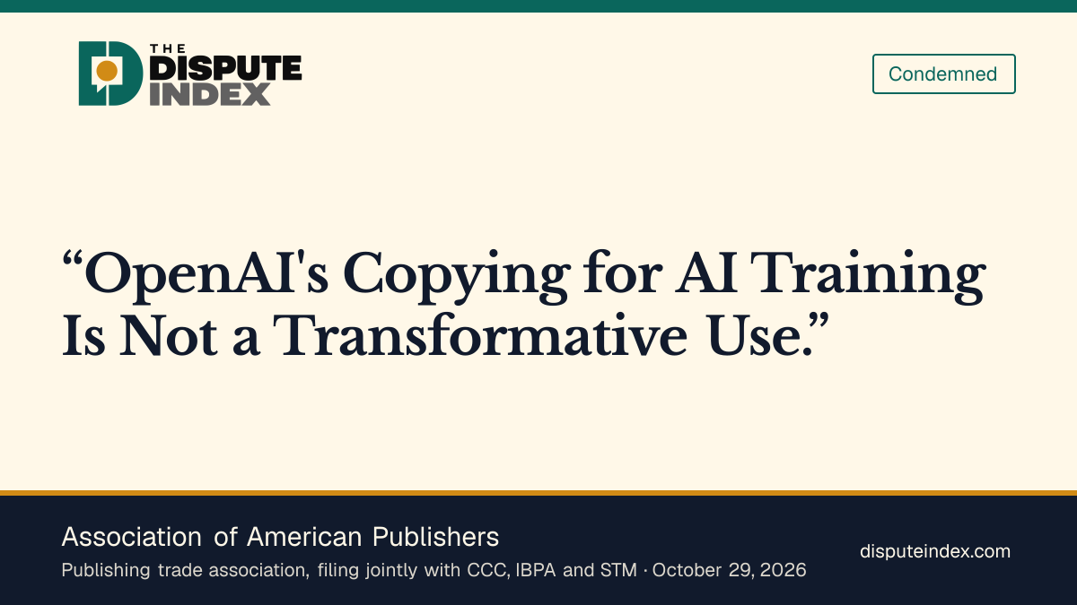 Quote card: Association of American Publishers, Association of American Publishers argues that OpenAI's training copies are not transformative