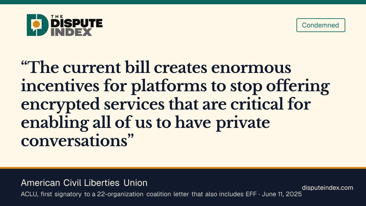 Quote card: American Civil Liberties Union, ACLU-led coalition opposes the reintroduced STOP CSAM bill