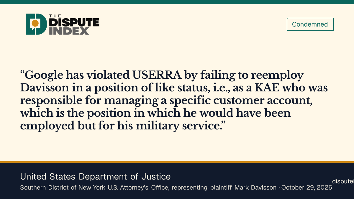 Quote card: United States Department of Justice, DOJ alleges Google failed to restore equivalent work
