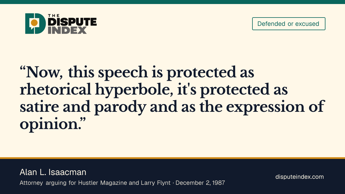 Quote card: Alan L. Isaacman, Isaacman defends Hustler's parody under the First Amendment