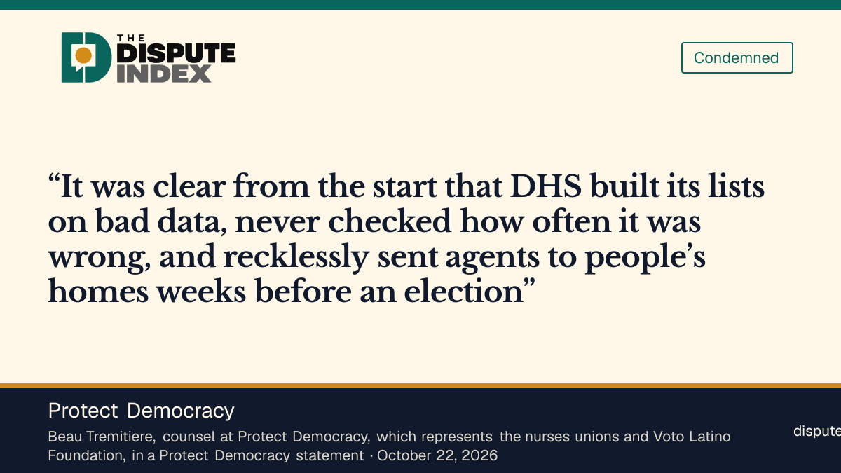 Quote card: Protect Democracy, Protect Democracy's Beau Tremitiere says DHS built its voter lists on bad data and recklessly sent agents to people's homes