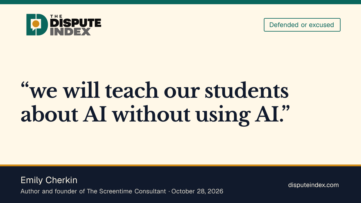 Quote card: Emily Cherkin, Cherkin proposes teaching about AI while barring student use