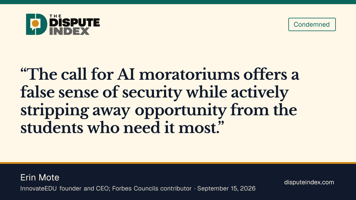Quote card: Erin Mote, Mote argues that school AI bans deepen unequal access