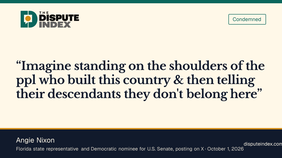 Quote card: Angie Nixon, Angie Nixon says Vance is telling the descendants of the people who built the country that they don't belong