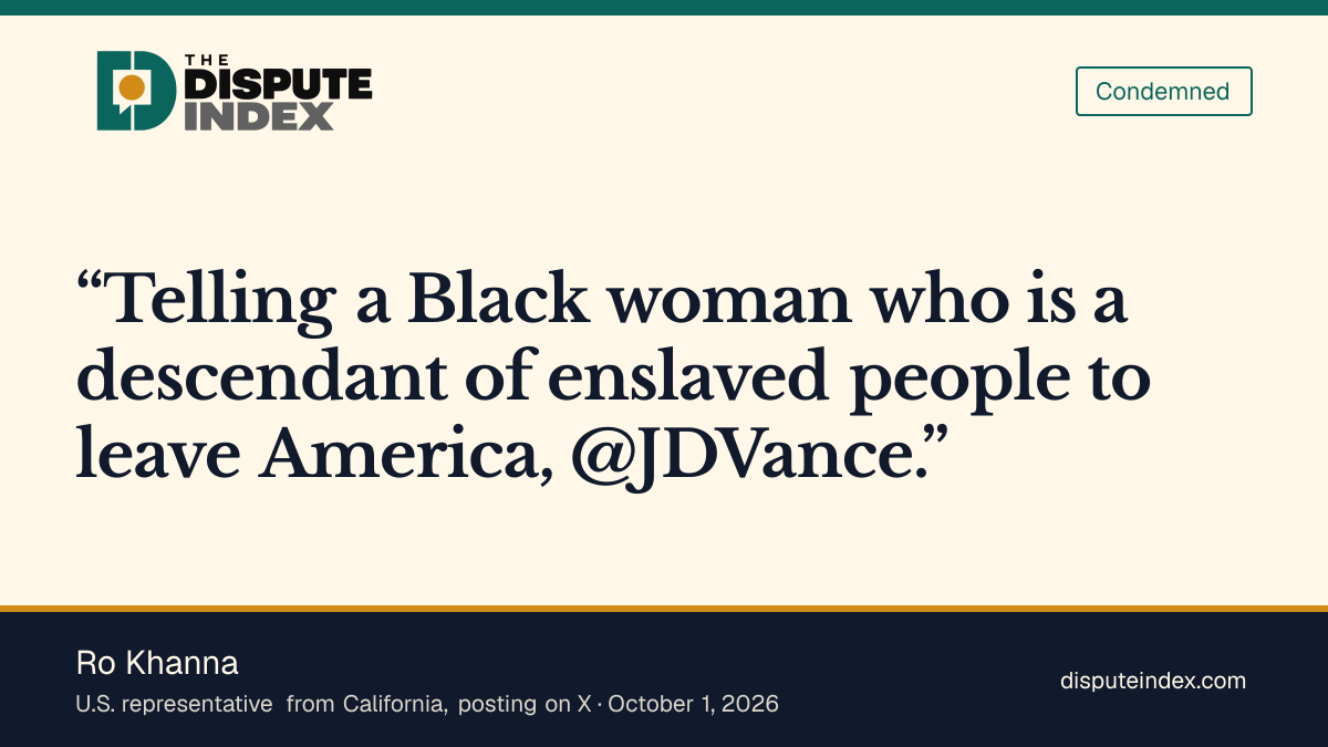 Quote card: Ro Khanna, Ro Khanna says Vance told a descendant of enslaved people to leave America
