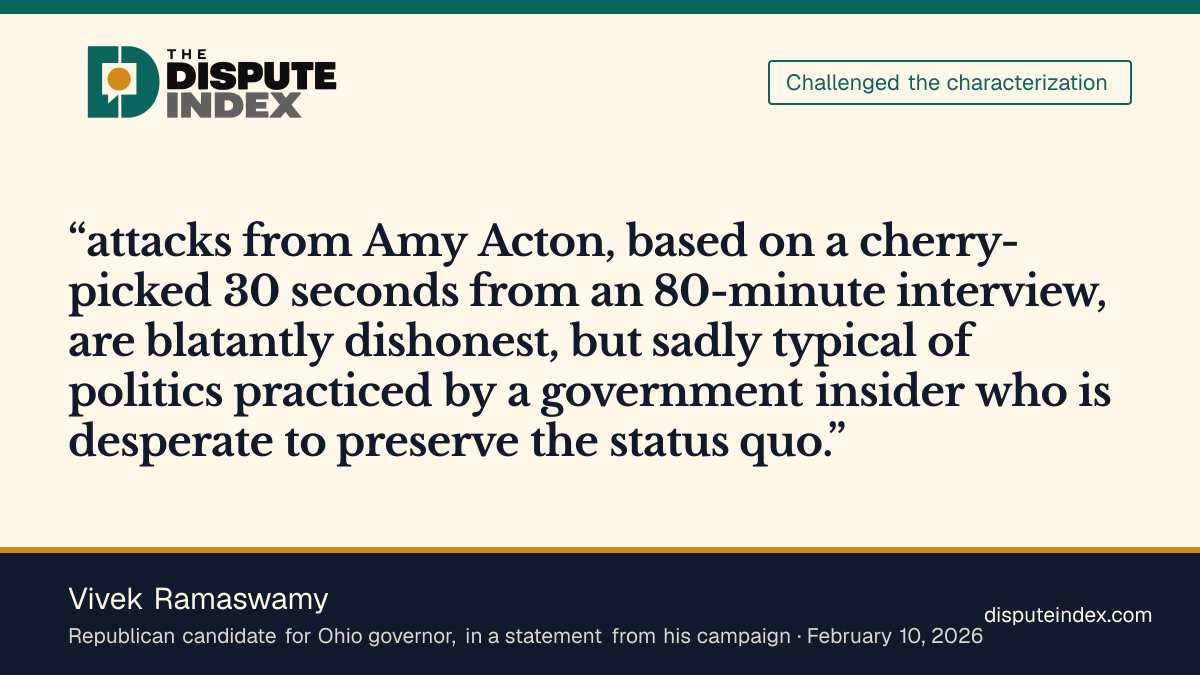 Quote card: Vivek Ramaswamy, Ramaswamy's campaign calls Acton's attacks over the remark cherry-picked and blatantly dishonest