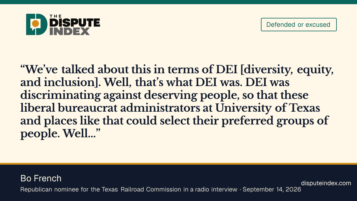 Quote card: Bo French, Bo French recasts the dispute as a complaint about DEI admissions