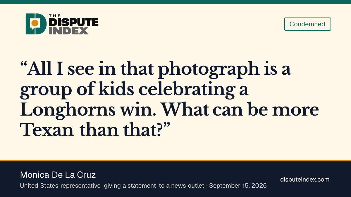 Quote card: Monica De La Cruz, Monica De La Cruz says the photo shows kids celebrating a Longhorns win