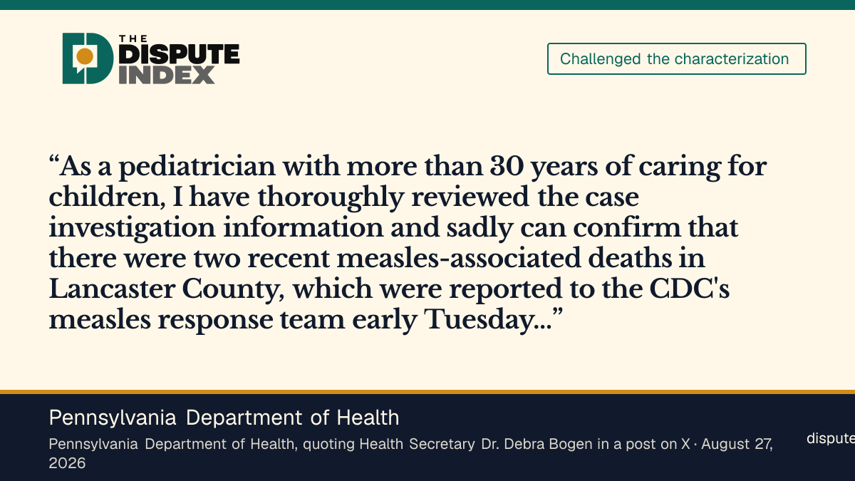 Quote card: Pennsylvania Department of Health, Pennsylvania's health secretary says she can confirm two measles-associated deaths in Lancaster County