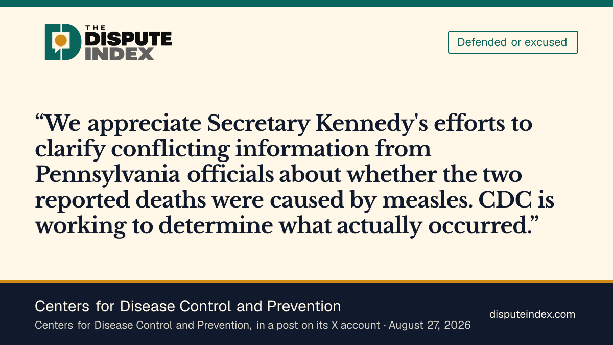 Quote card: Centers for Disease Control and Prevention, CDC credits Kennedy's efforts to clarify whether Pennsylvania's reported deaths were caused by measles