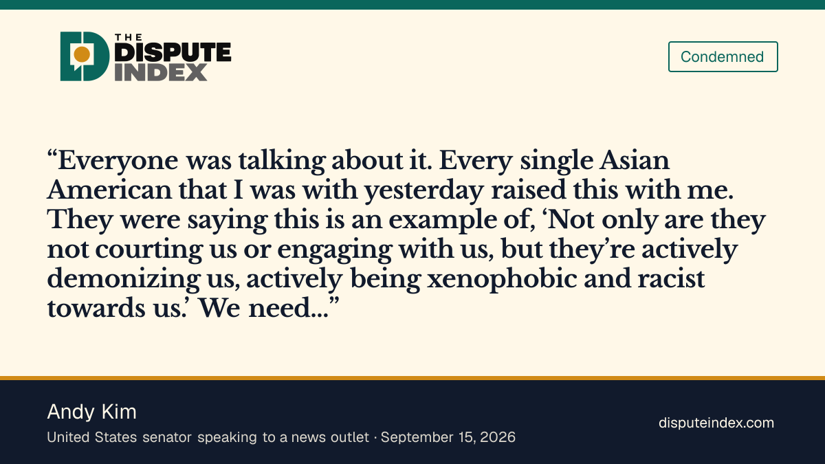 Quote card: Andy Kim, Andy Kim says Asian American voters saw the posts as xenophobic and racist