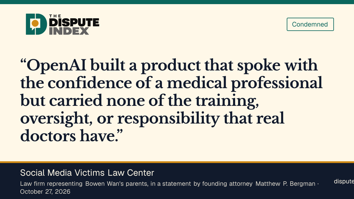 Quote card: Social Media Victims Law Center, Social Media Victims Law Center says OpenAI built a product that spoke like a doctor without a doctor's training or responsibility