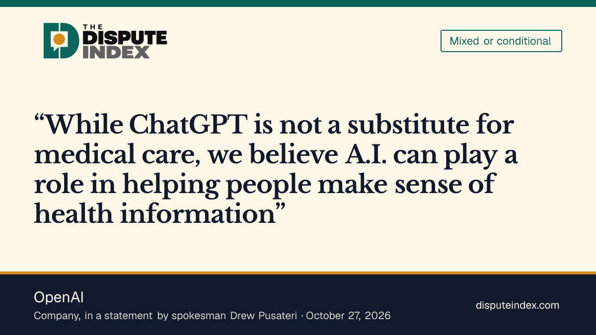 Quote card: OpenAI, OpenAI says ChatGPT is not a substitute for medical care but that AI can help people make sense of health information