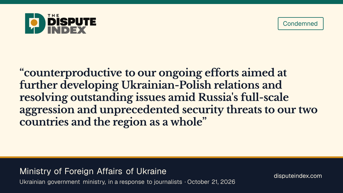 Quote card: Ministry of Foreign Affairs of Ukraine, Ukraine's Foreign Ministry calls the Lviv council's decision counterproductive to efforts to improve relations with Poland