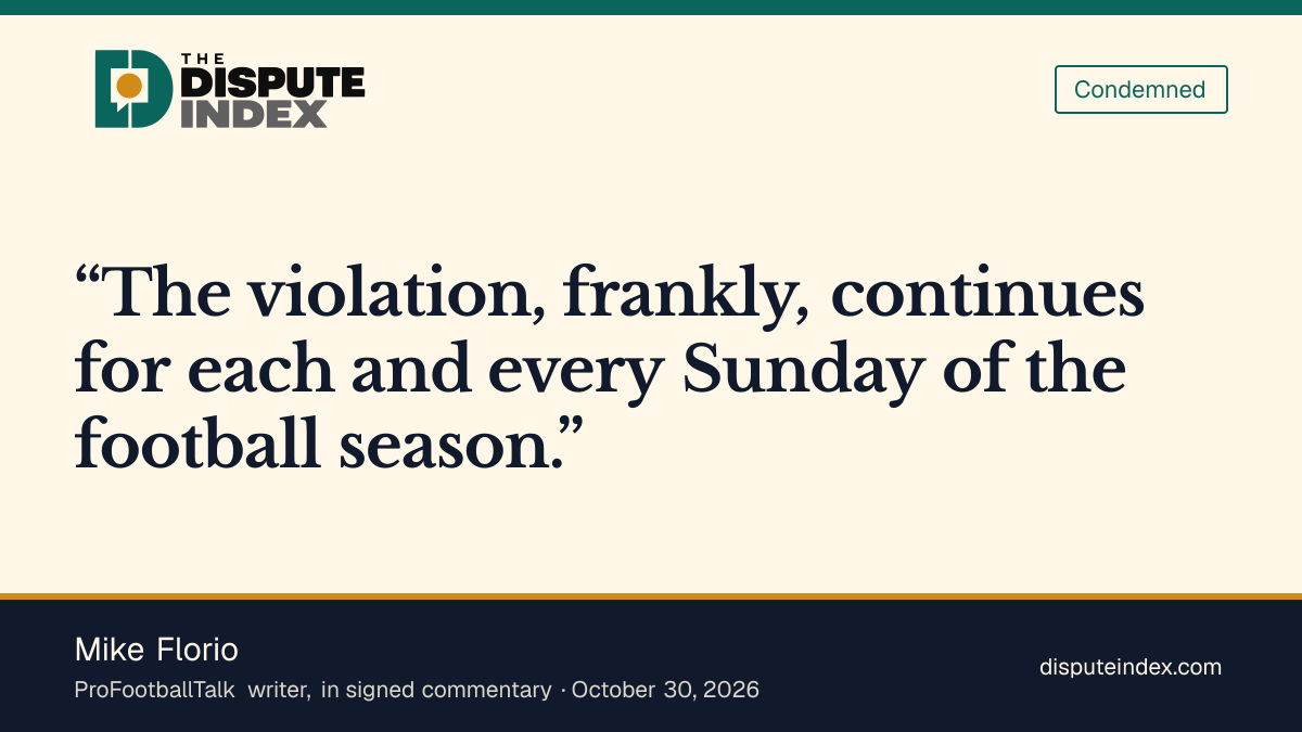Quote card: Mike Florio, Florio says the Sunday Ticket antitrust violation continues each week