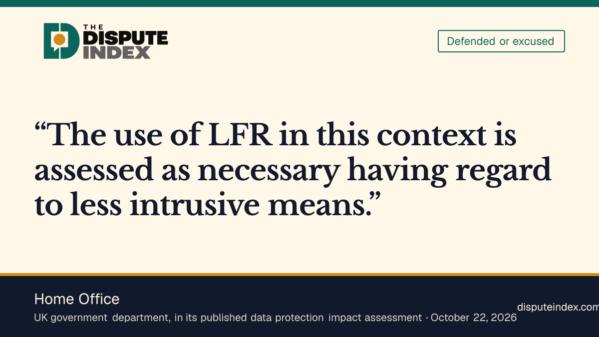 Quote card: Home Office, Home Office assessment justifies facial recognition after considering alternatives