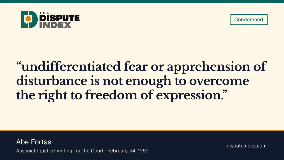 Quote card: Abe Fortas, Fortas opinion rejects fear alone as a basis for the armband ban