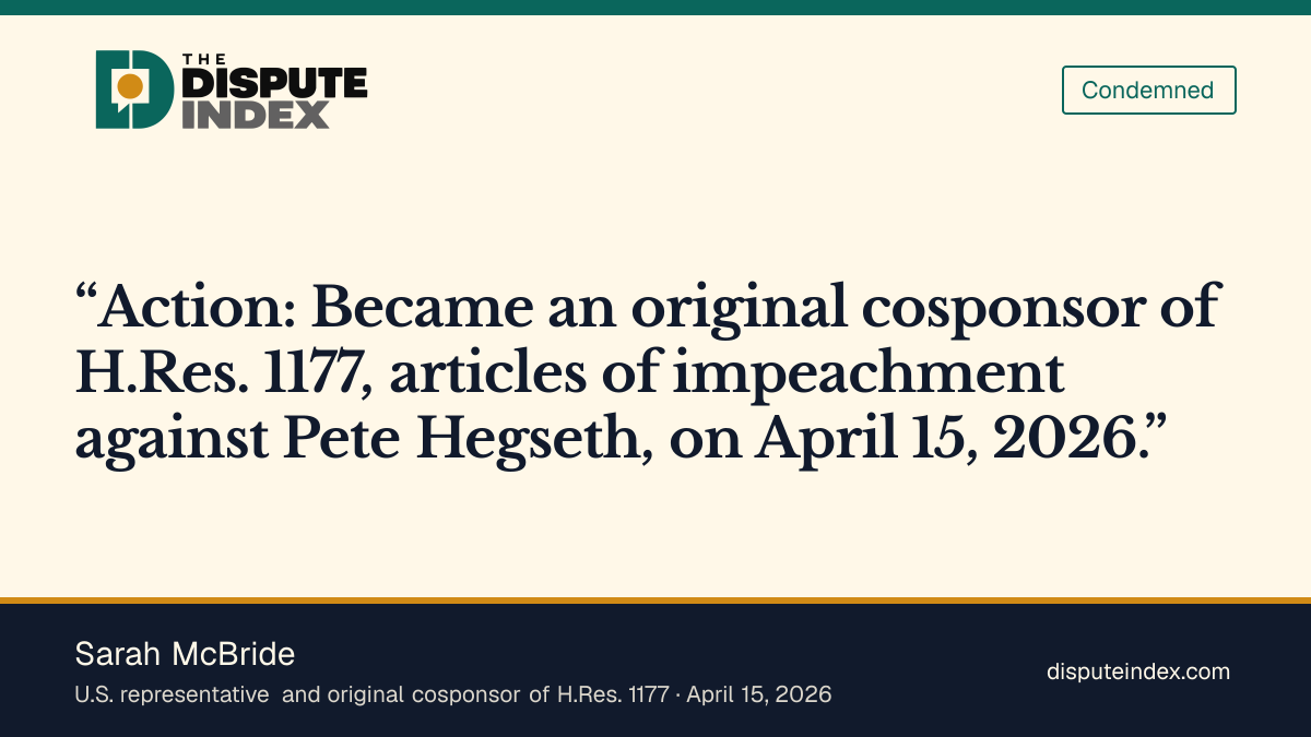 Quote card: Sarah McBride, McBride co-sponsors the April articles of impeachment against Hegseth