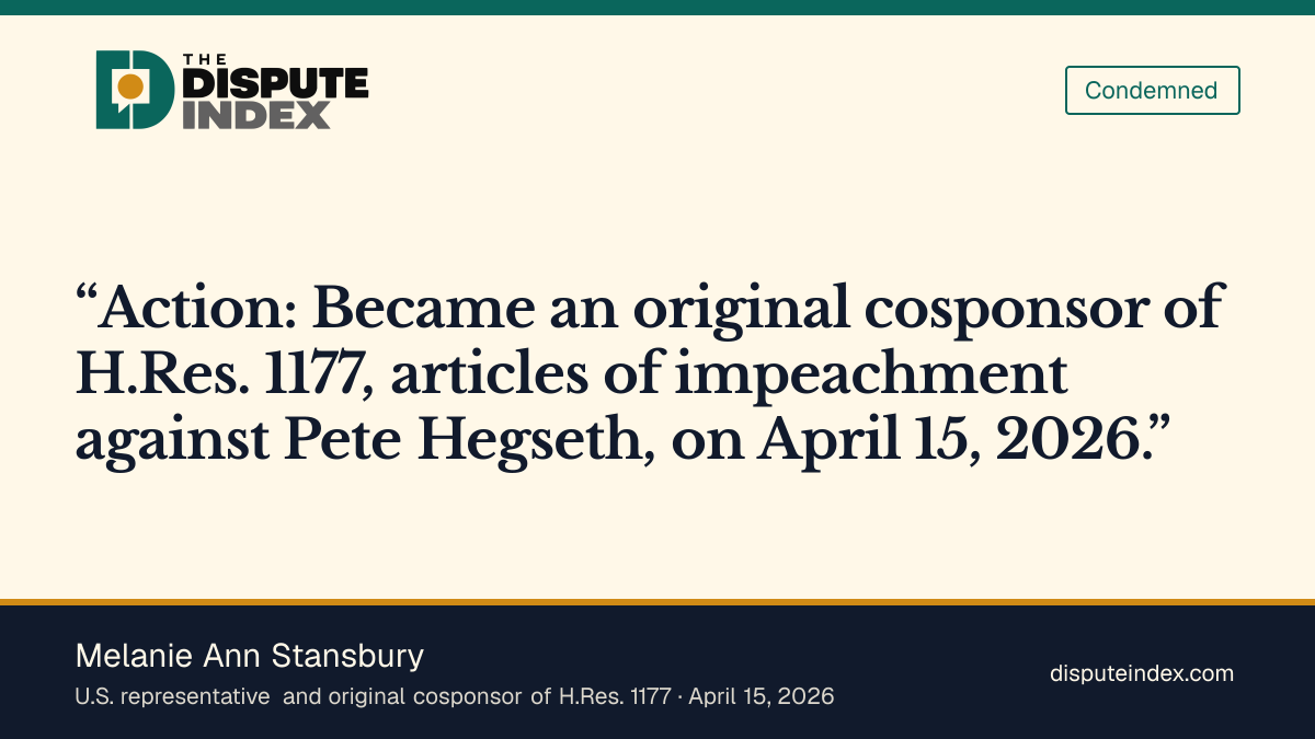 Quote card: Melanie Ann Stansbury, Stansbury co-sponsors the April articles of impeachment against Hegseth