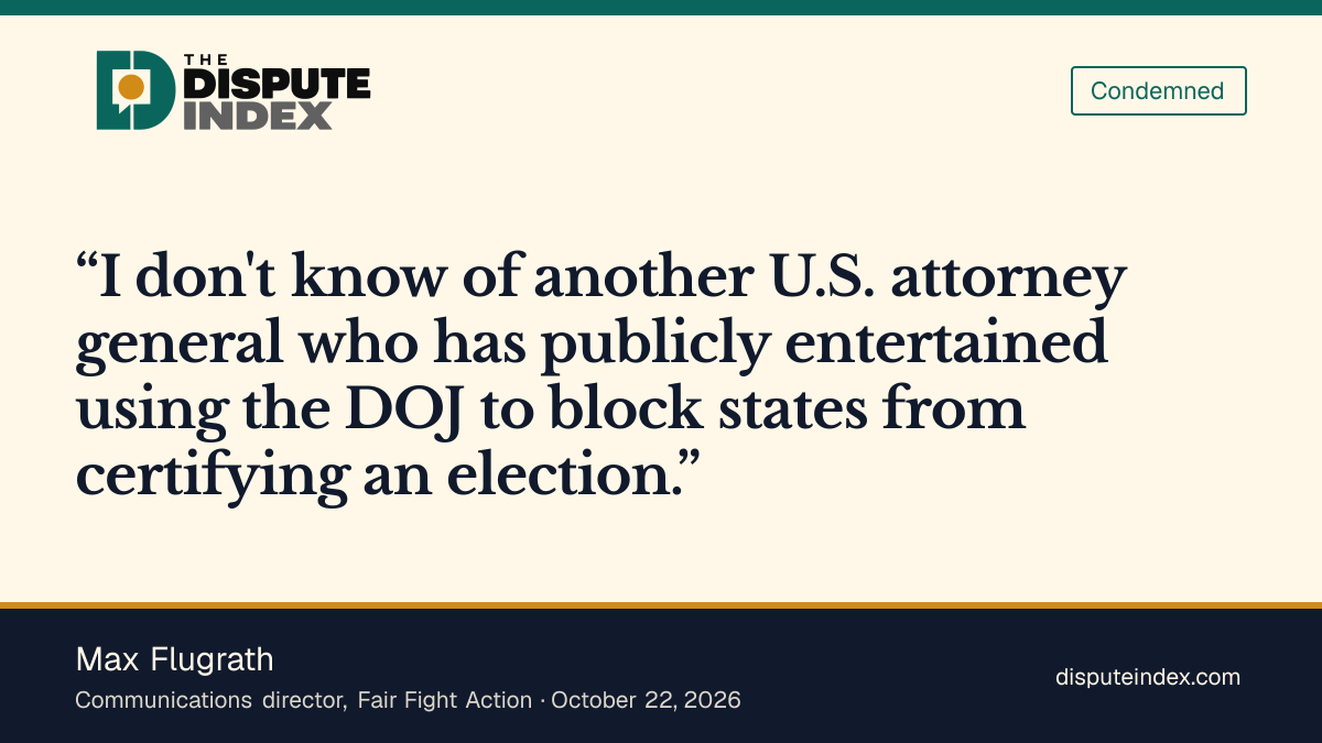 Quote card: Max Flugrath, Max Flugrath says he knows of no other attorney general who has entertained blocking certification