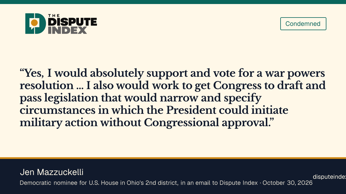 Quote card: Jen Mazzuckelli, Jen Mazzuckelli says she would vote for an Iran war powers resolution