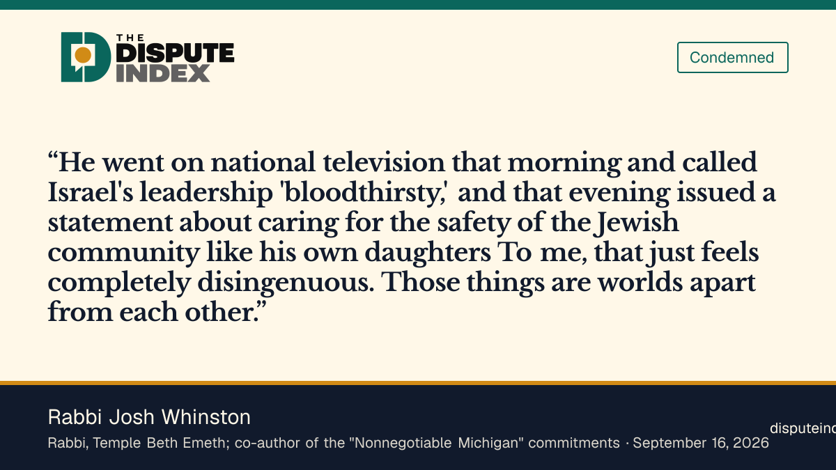 Quote card: Rabbi Josh Whinston, Rabbi Josh Whinston calls El-Sayed's Jewish safety pledge disingenuous
