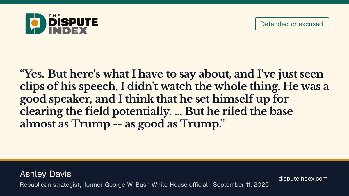Quote card: Ashley Davis, Davis turns from the "dirtier" remark to praise Vance's speech