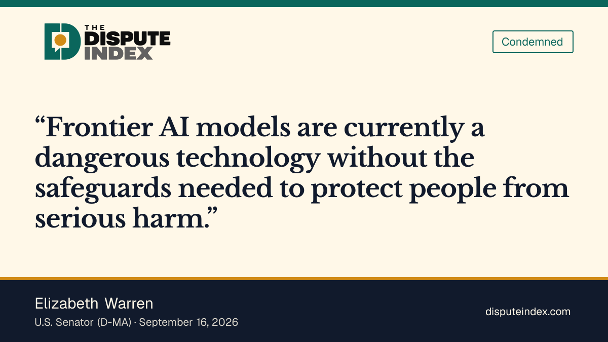 Quote card: Elizabeth Warren, Warren calls for a pause on advanced AI development