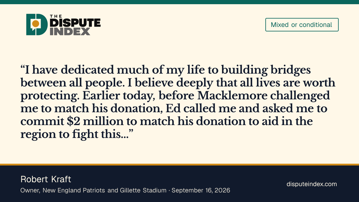 Quote card: Robert Kraft, Kraft agrees to $2M matching donation, describes coordination with Sheeran