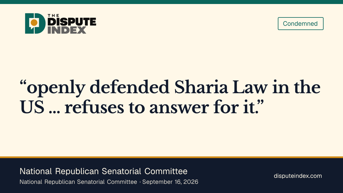 Quote card: National Republican Senatorial Committee, NRSC alleges El-Sayed defended Sharia law at a 2022 CAIR event