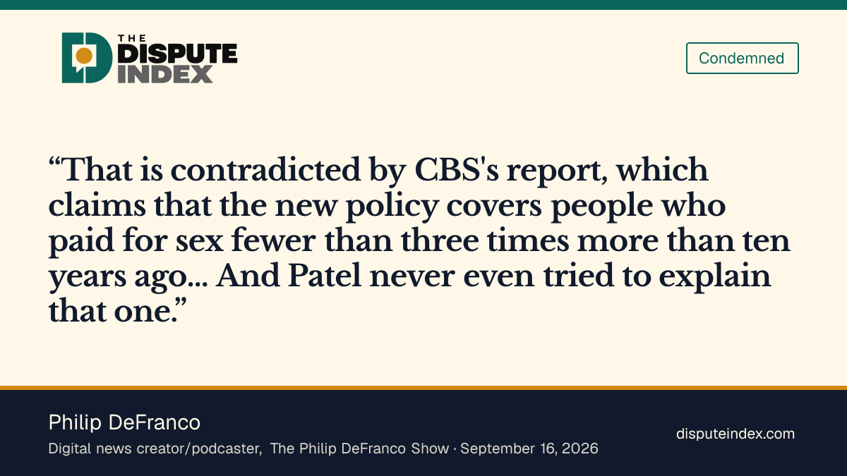 Quote card: Philip DeFranco, DeFranco says Patel's defense of the hiring-policy change doesn't hold up