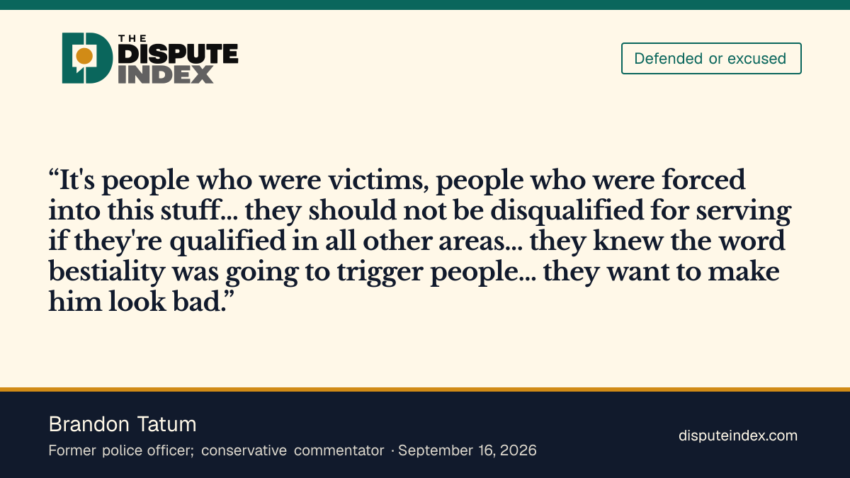 Quote card: Brandon Tatum, Tatum defends Patel's testimony as protecting trafficking victims