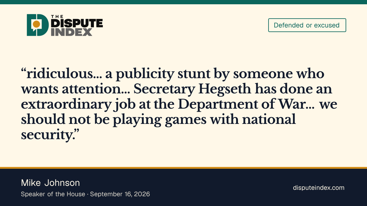 Quote card: Mike Johnson, Johnson dismisses Massie's impeachment push as "a publicity stunt"