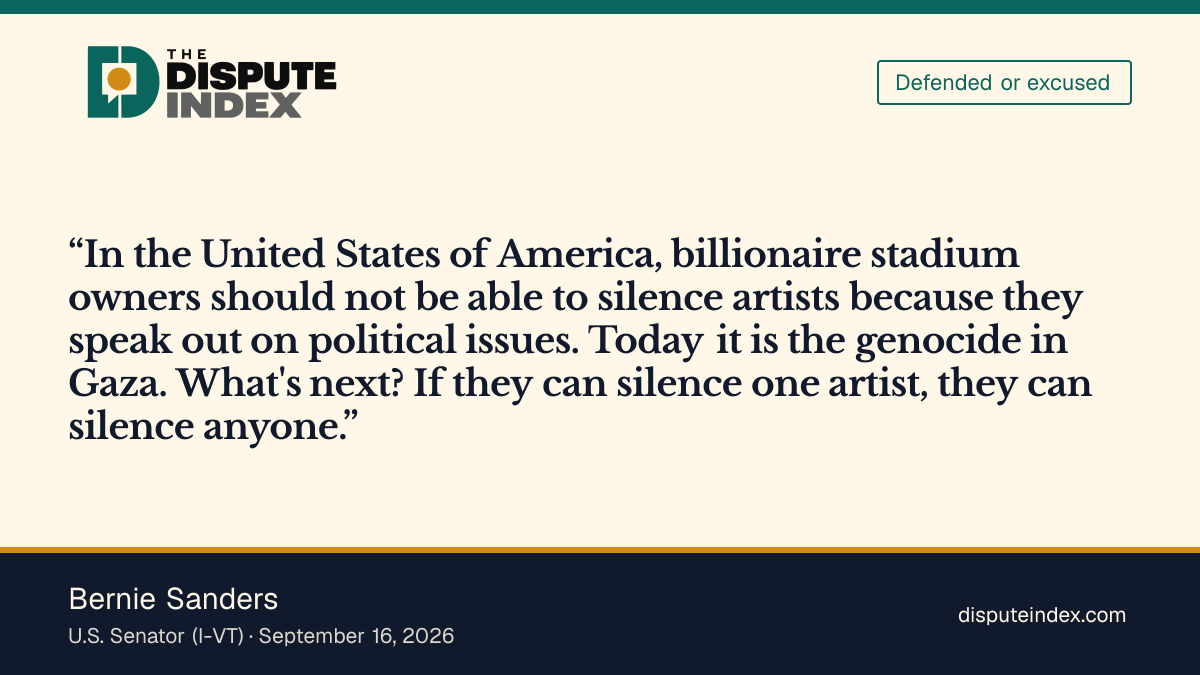 Quote card: Bernie Sanders, Sanders condemns Kraft: "billionaire stadium owners should not be able to silence artists"
