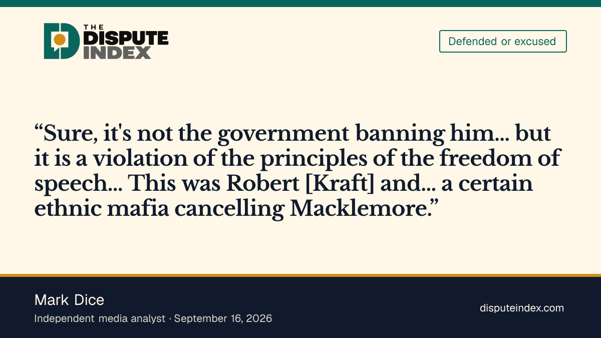 Quote card: Mark Dice, Mark Dice calls Macklemore's removal a free-speech violation, blames "ethnic mafia"