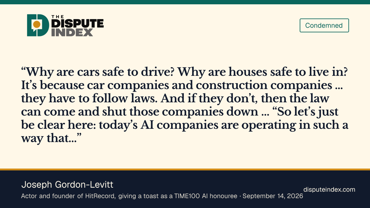 Quote card: Joseph Gordon-Levitt, Joseph Gordon-Levitt says the law should already be shutting AI companies down