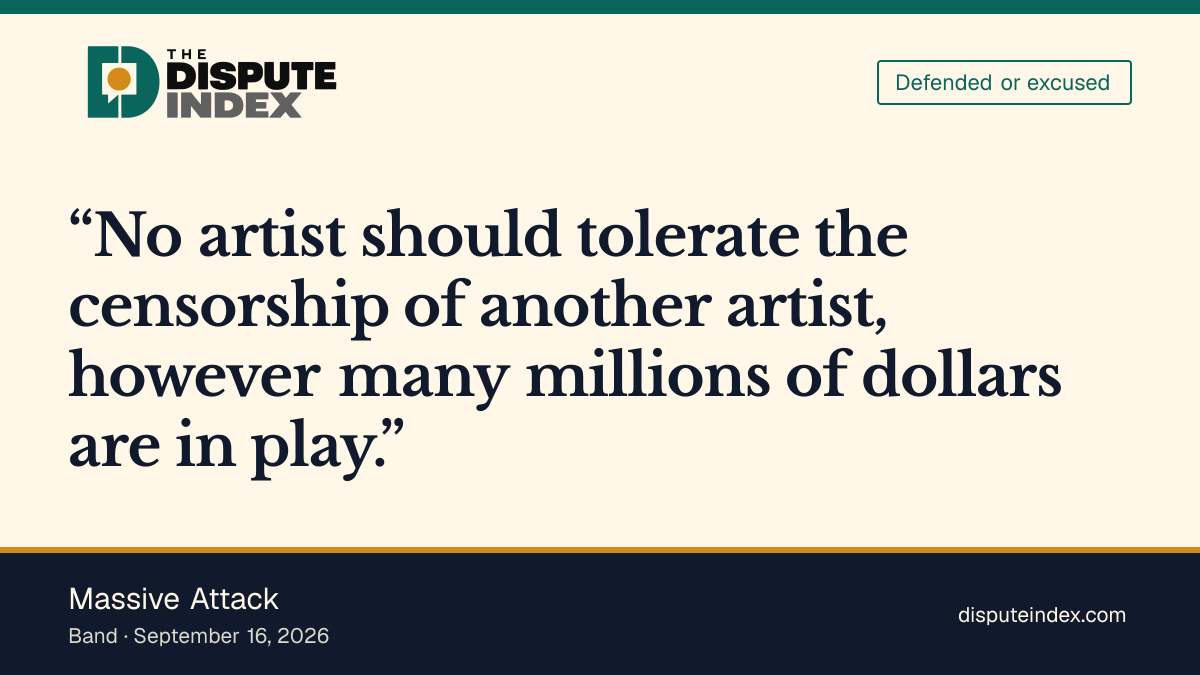 Quote card: Massive Attack, Massive Attack: "No artist should tolerate the censorship of another artist"
