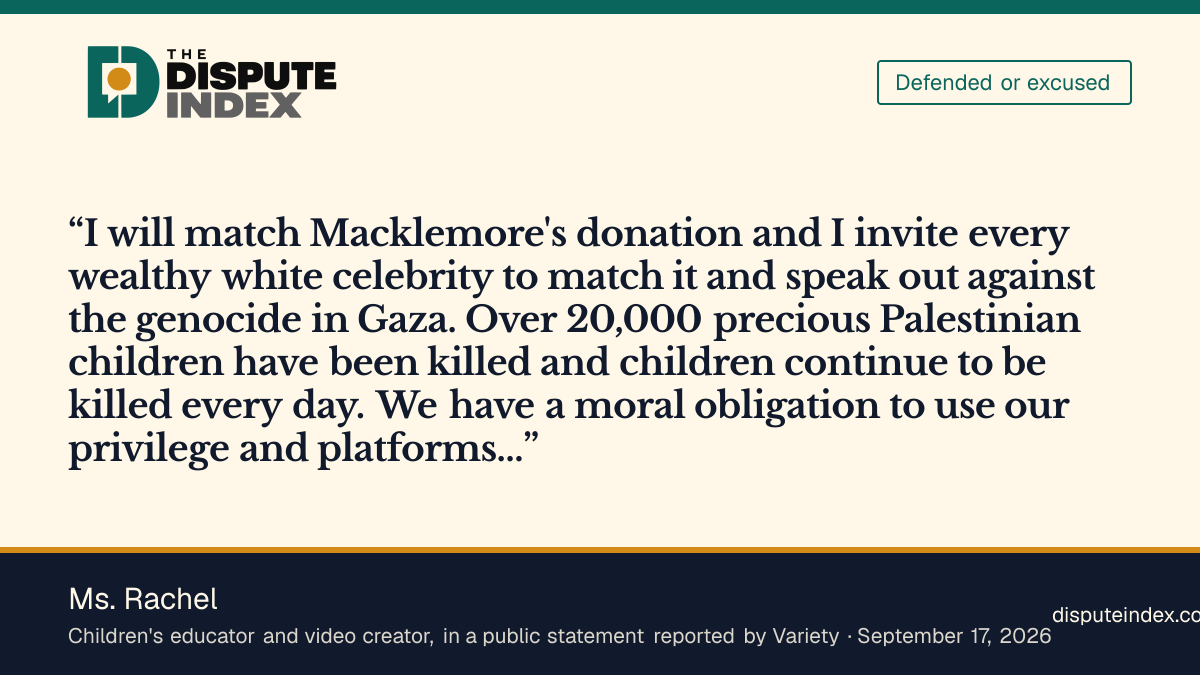 Quote card: Ms. Rachel, Ms. Rachel matches Macklemore's $1M donation and challenges "every wealthy white celebrity" to follow