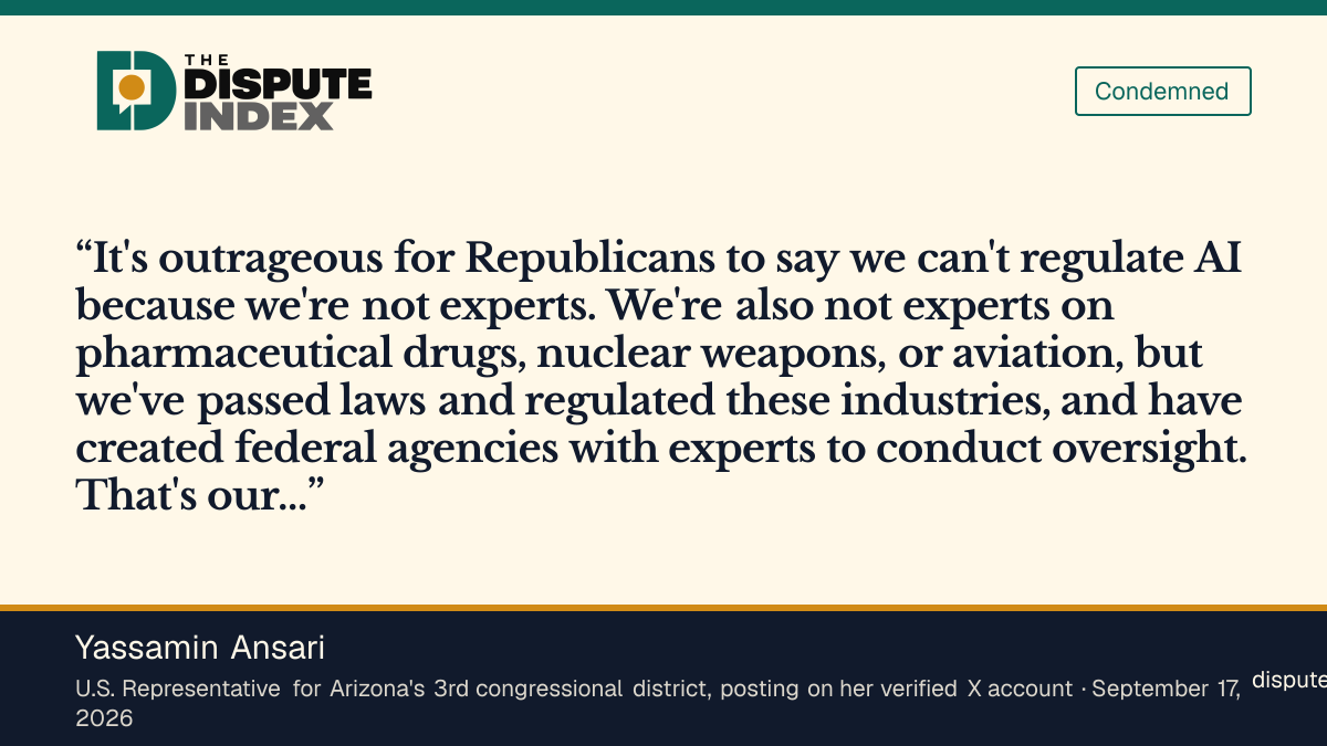 Quote card: Yassamin Ansari, Ansari rejects the "we're not experts" argument against regulating AI